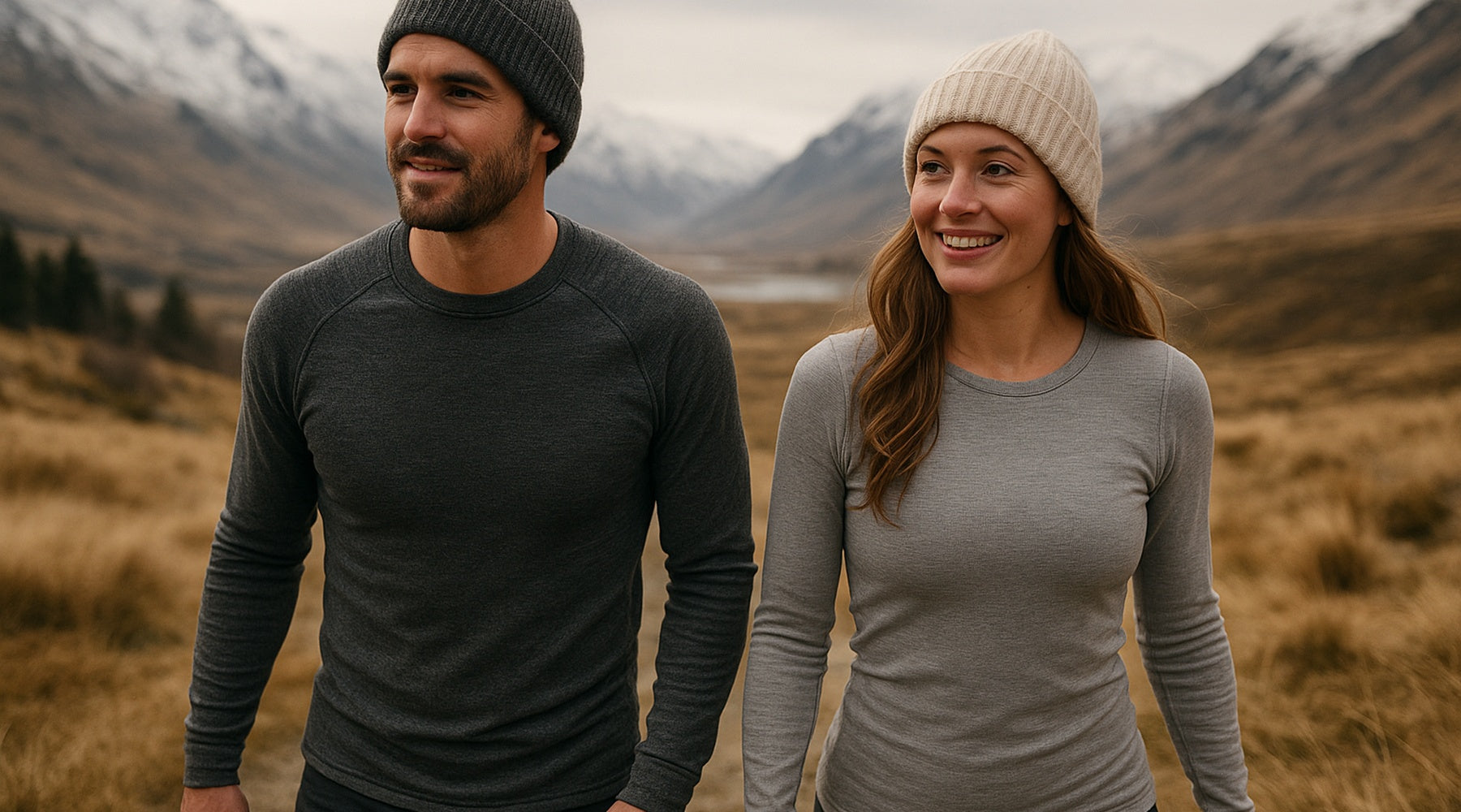 Couple wearing thermals hiking