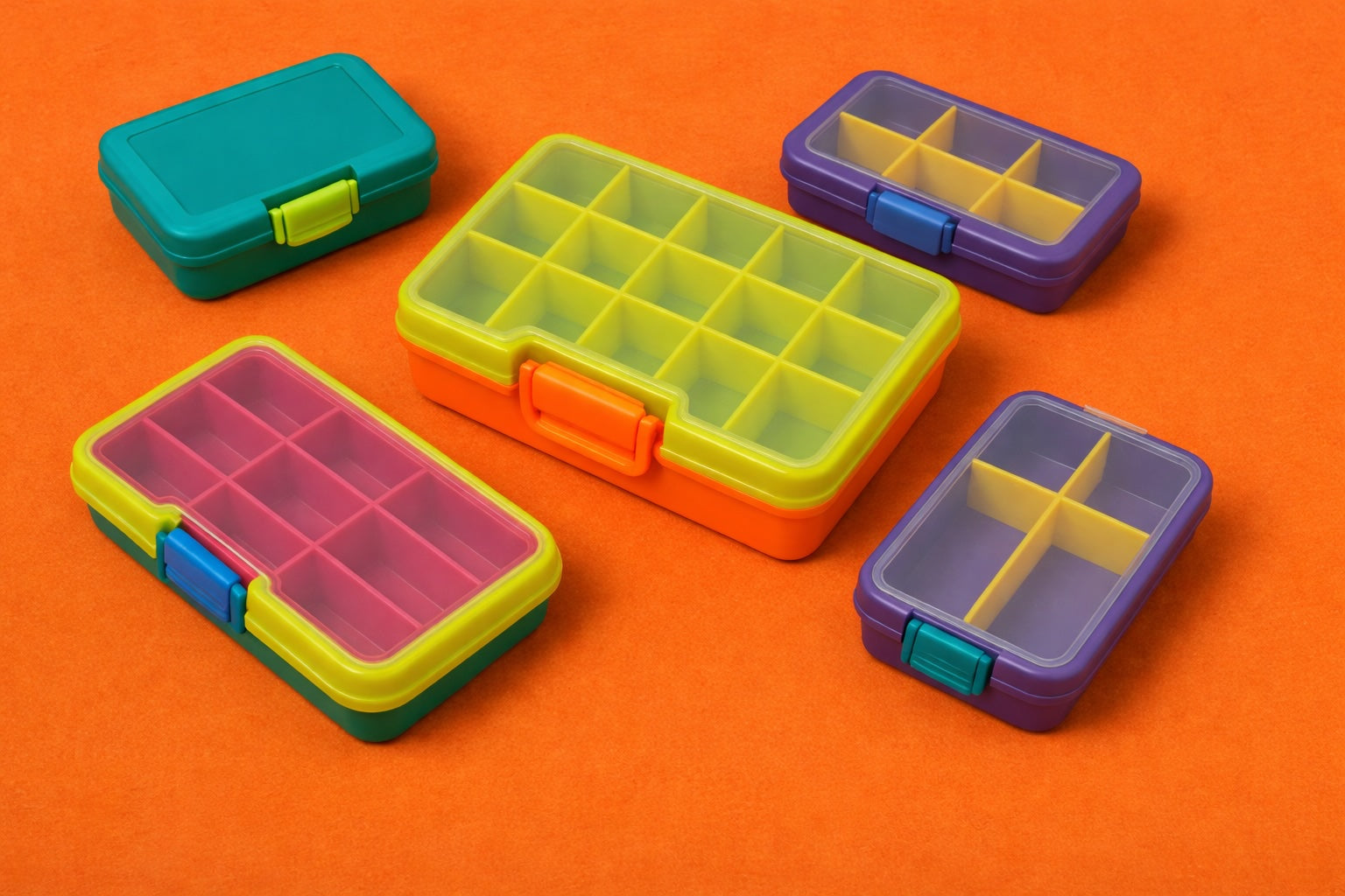 Colourful fishing tackle boxes with divided compartments for organising fishing gear