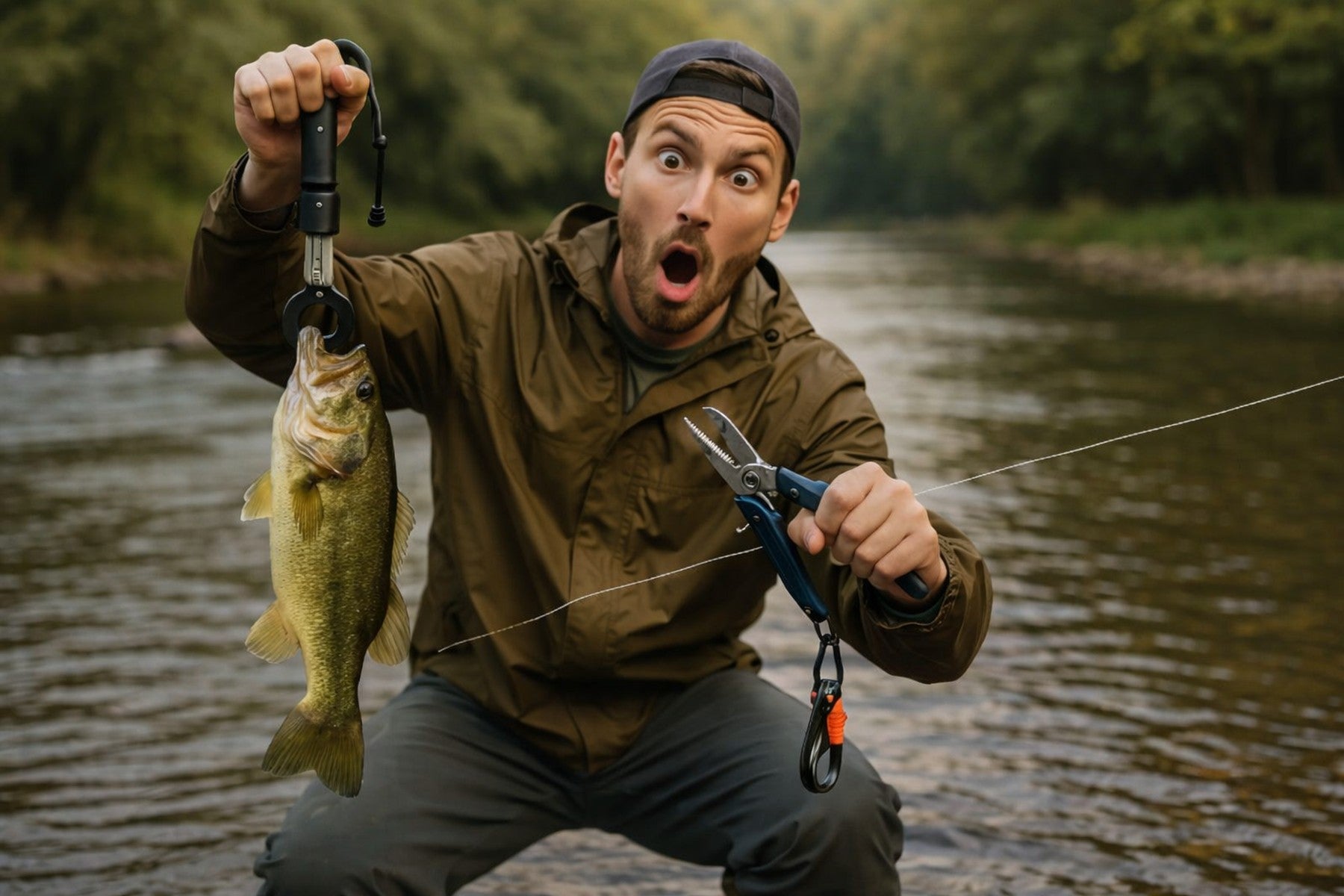 Angler holding fish with lip grips and fishing pliers beside river