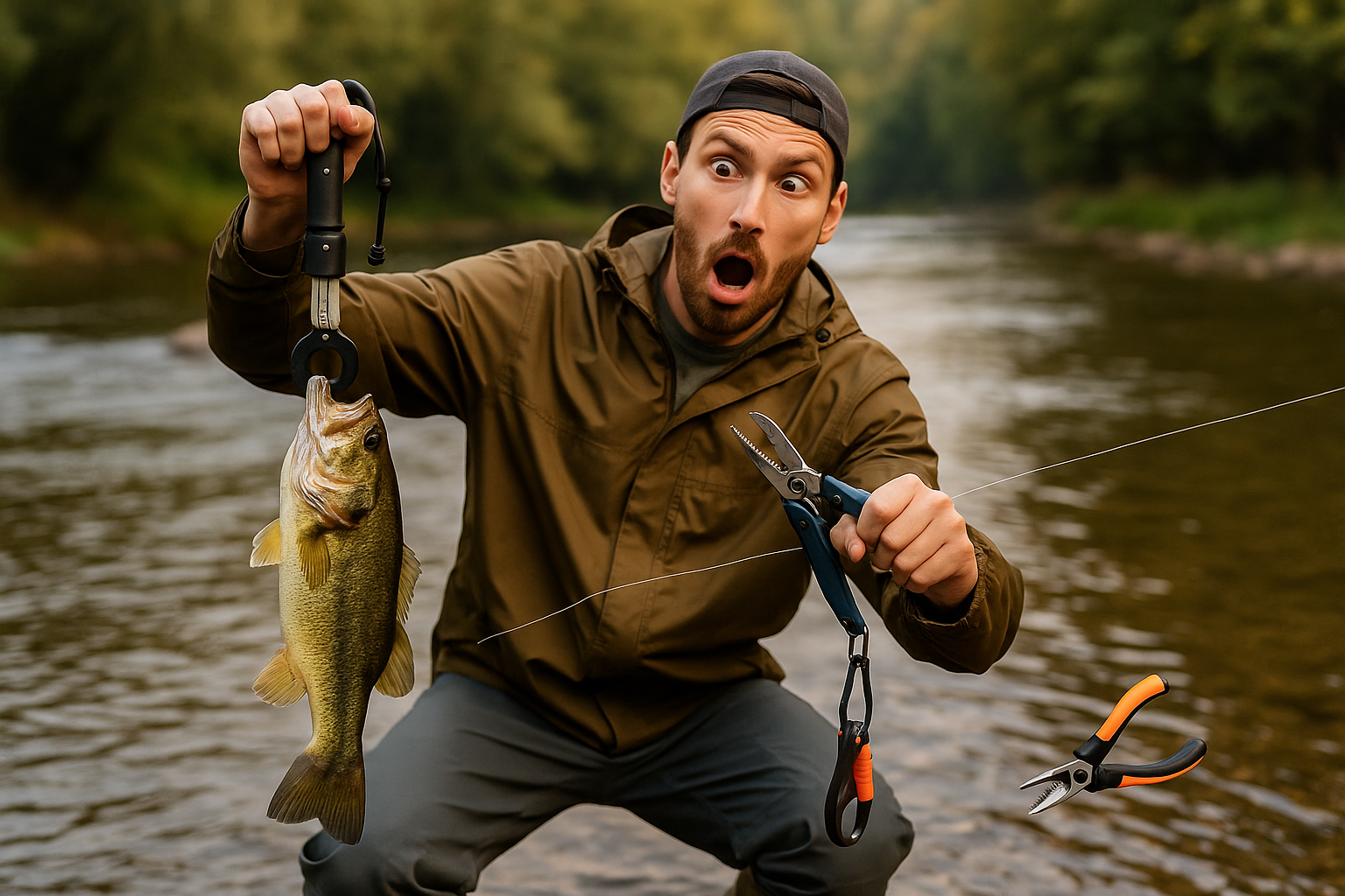 Angler cuts line holding fish