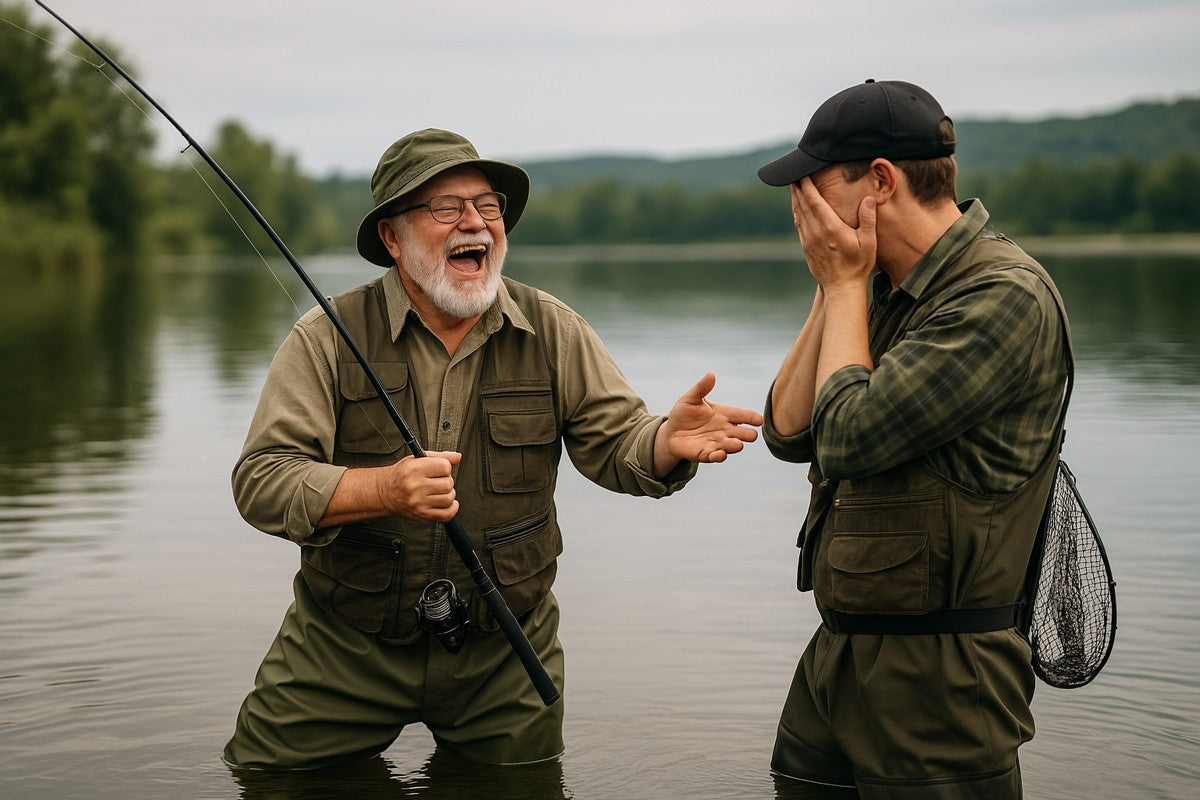 Two fishermen laughing waist-deep