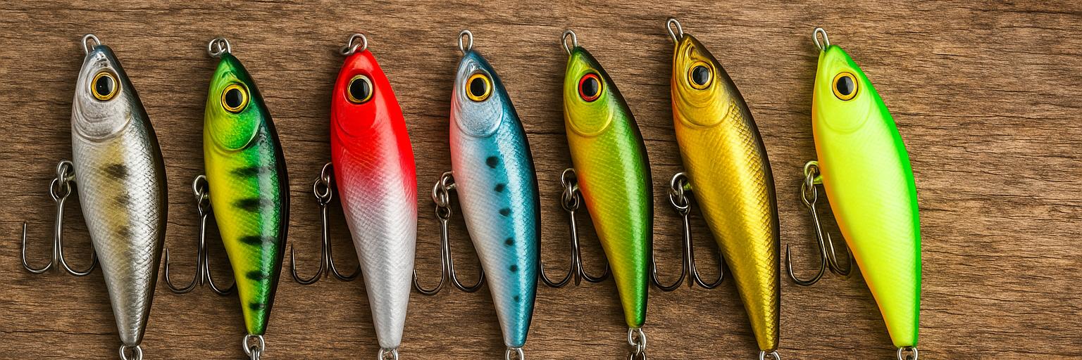 Colourful minnow lures on bench