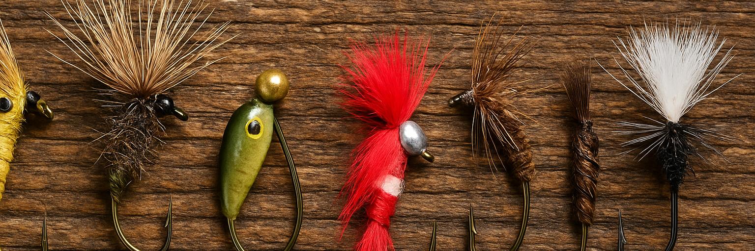 Fly fishing flies in a row