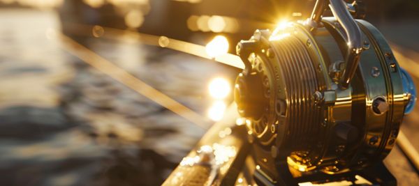 Fishing reel on deck with water and sun in background