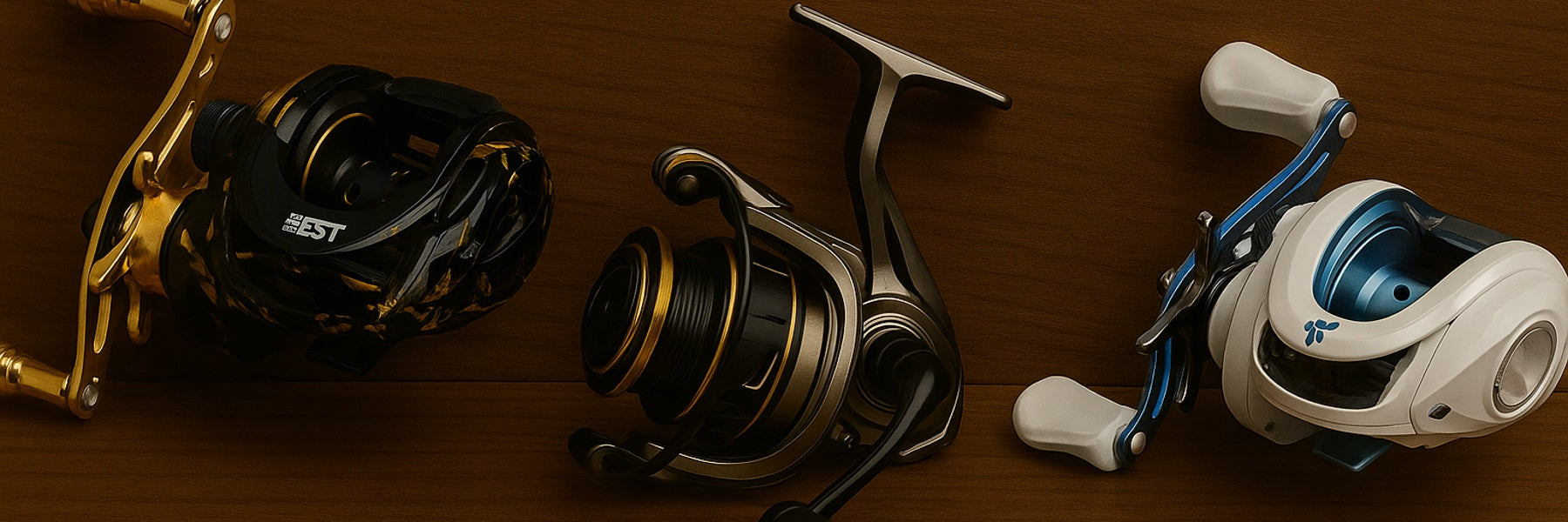 Three baitcasting fishing reels in bold gold, red, and white designs displayed on a timber background for reel collection