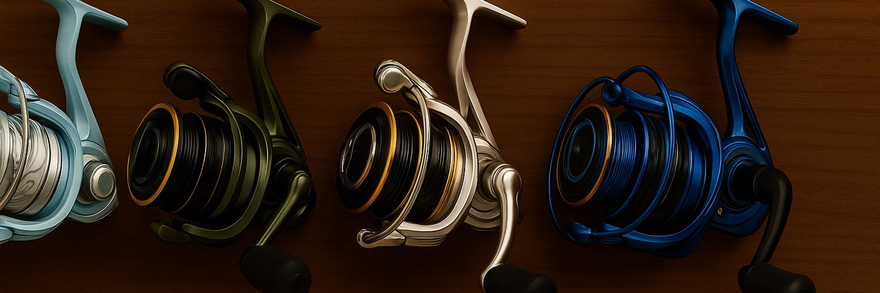 Four spinning fishing reels in black, silver, green, and blue arranged on a dark timber surface with balanced studio lighting