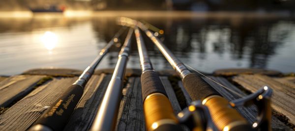Range of fishing rods including spinning, casting, and telescopic models arranged on timber surface for all fishing styles.