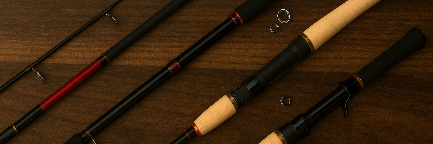 Spinning fishing rods with cork and foam handles arranged on timber background under soft natural lighting