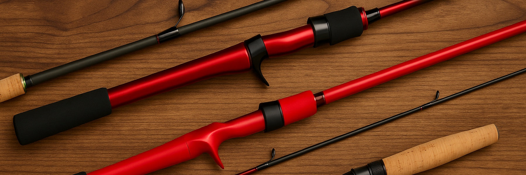Casting fishing rods in black and red with cork and EVA handles displayed on light timber background