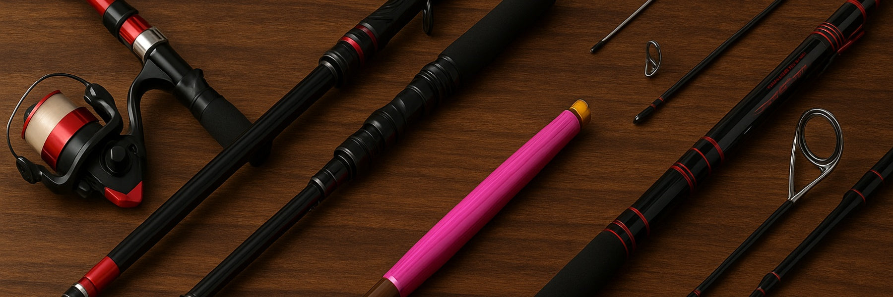 Telescopic travel fishing rods in red, black, and pink arranged diagonally on timber surface with natural lighting