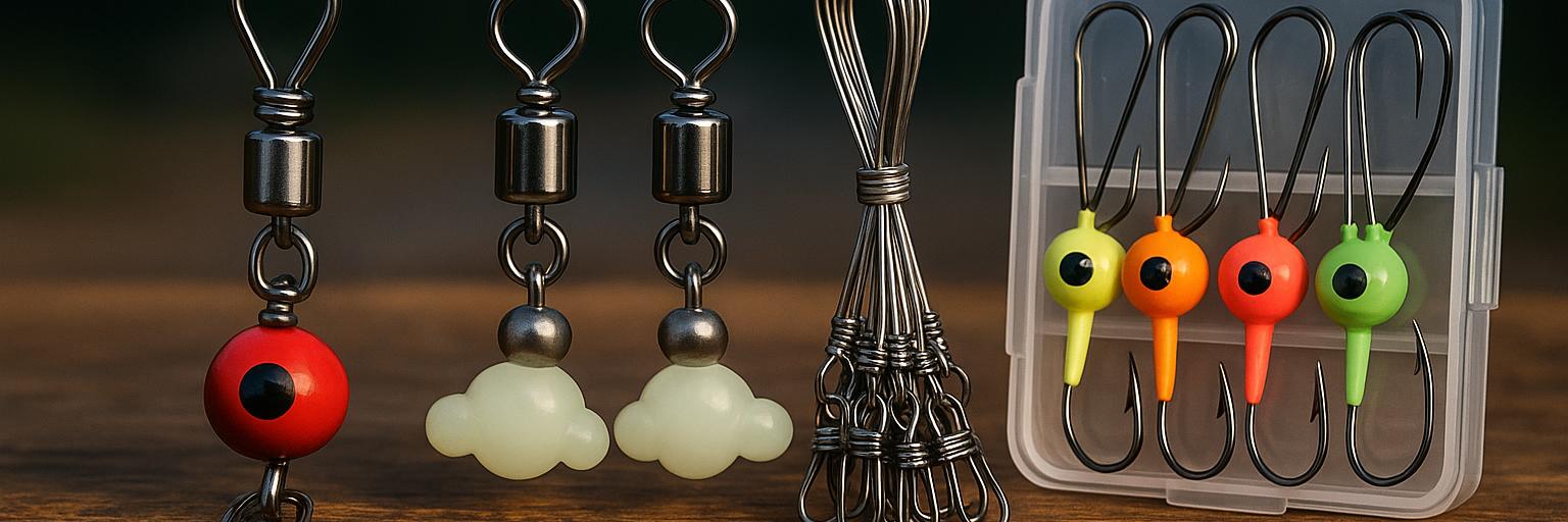 Modern fishing swivels on display