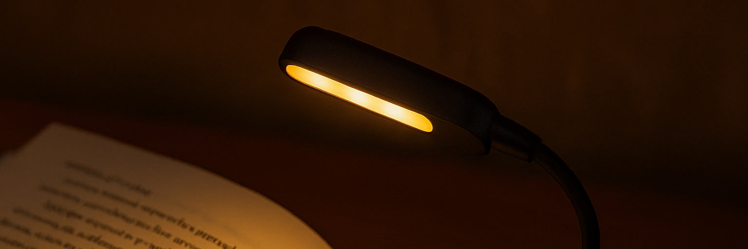 LED book light clipped to open book