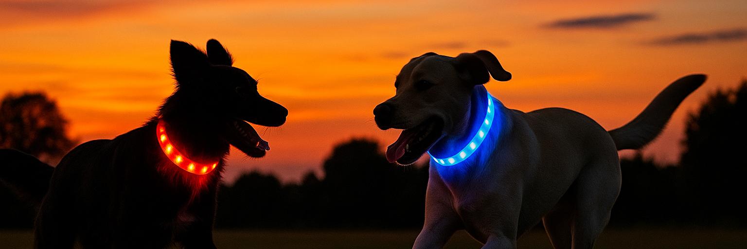 Dogs playing wearing LED collars