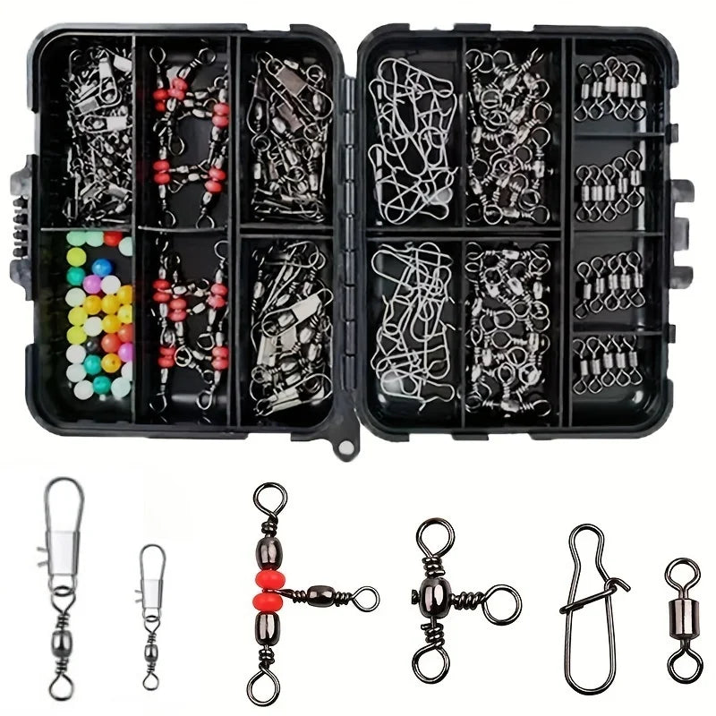140-piece fishing tackle kit with swivels, snaps, and float stoppers in black storage box
