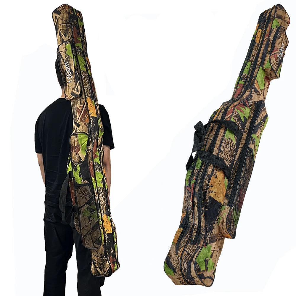 Person wearing camouflage fishing rod bag showing 150 cm length