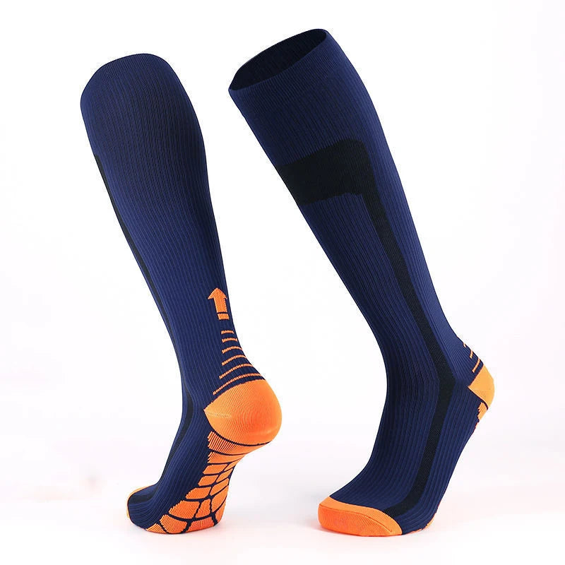 Blue and orange over the calf 20 to 30 mmHg compression socks