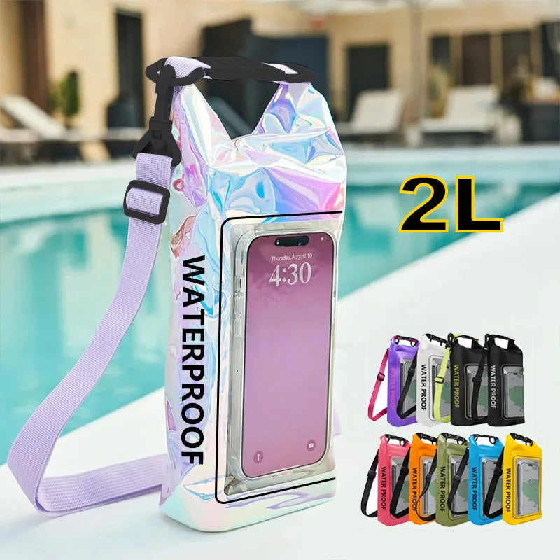 2L waterproof PVC dry bag with touch screen window and shoulder strap beside pool for phone protection