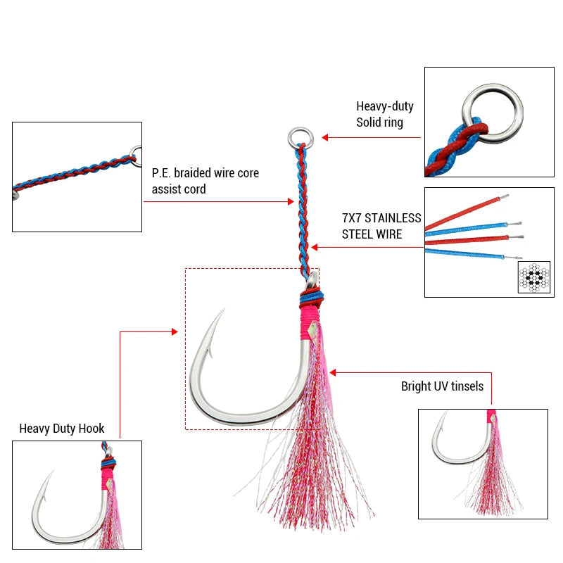 Heavy Duty Single Assist Hooks with 7x7 Wire & UV Tinsel
