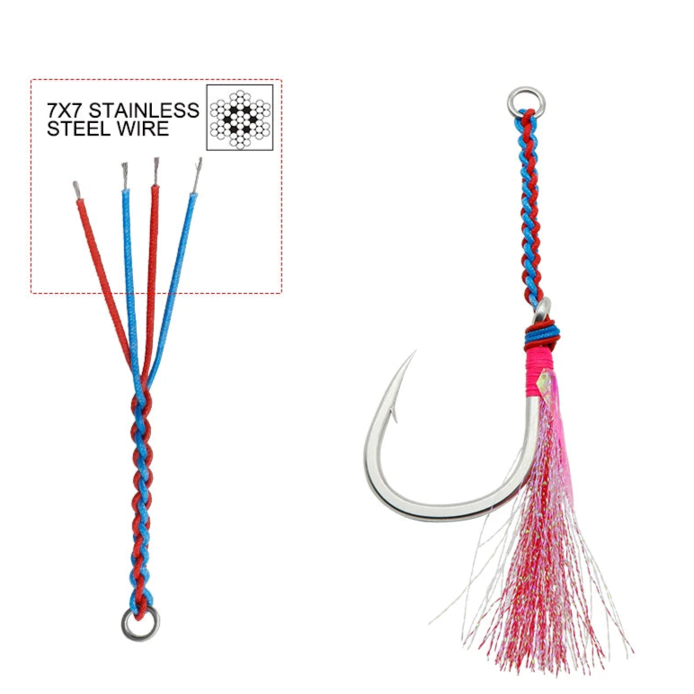 Heavy Duty Single Assist Hooks with 7x7 Wire & UV Tinsel