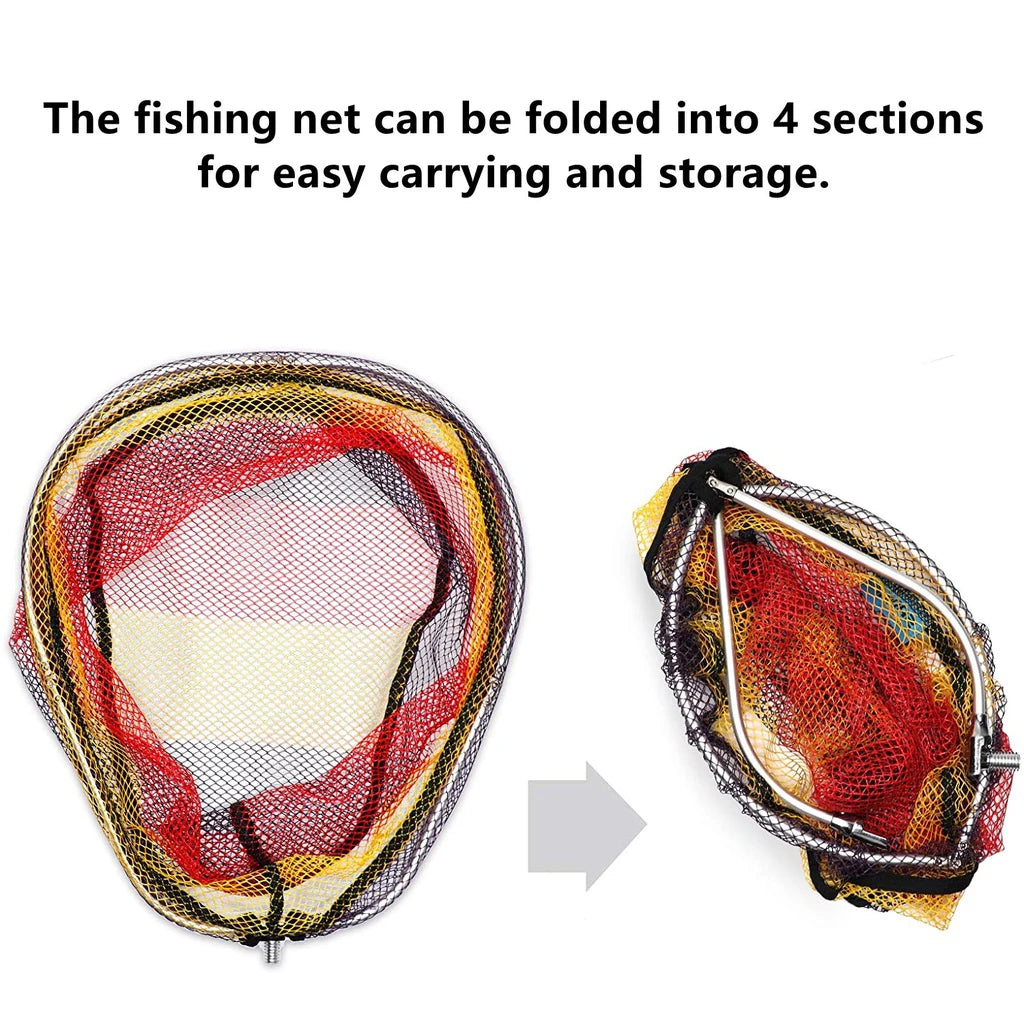 Fishing net folded into four sections with text indicating ease of carrying and storage.