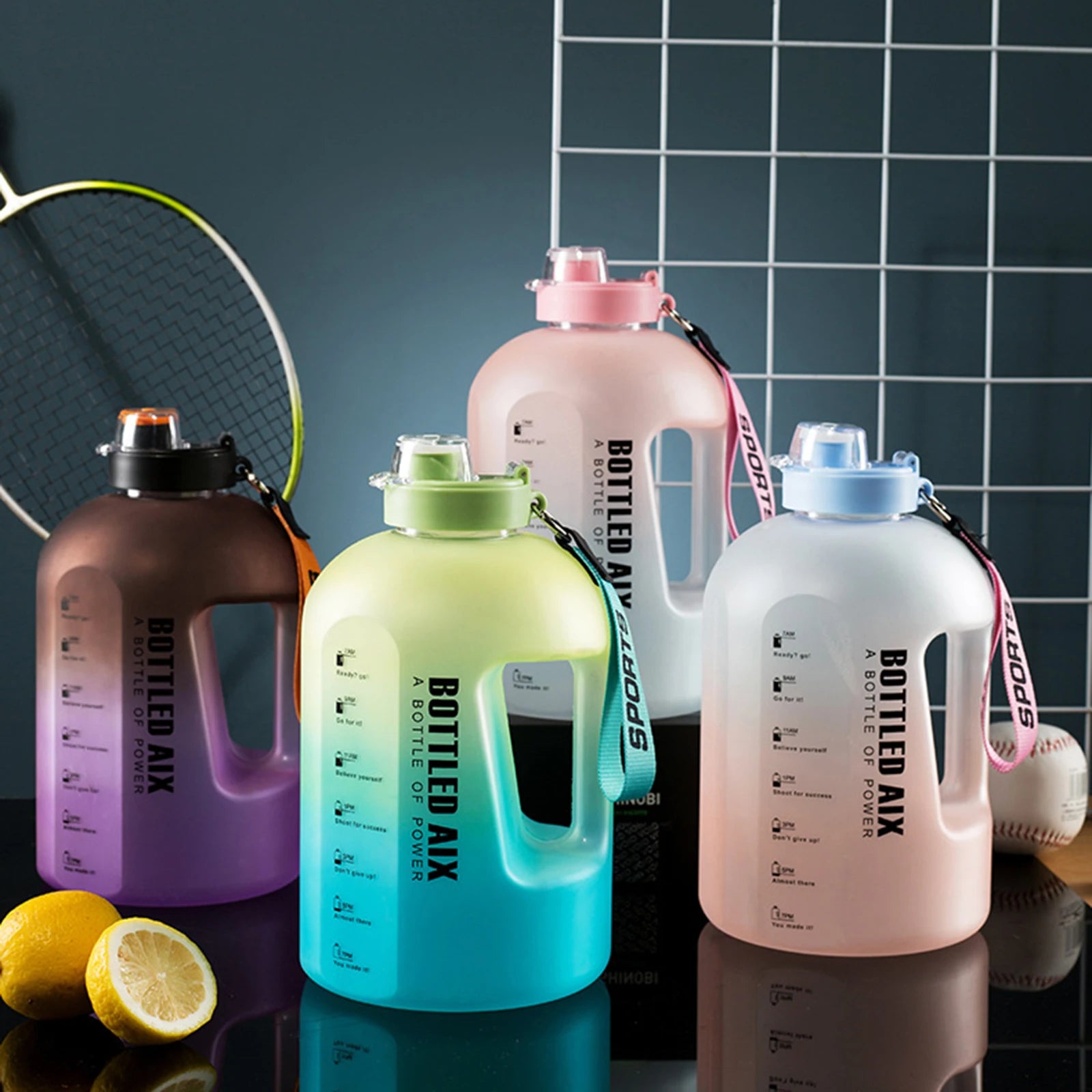 2200ml Gradient Water Bottle with Time Marker & Strap for Gym & Outdoor Use