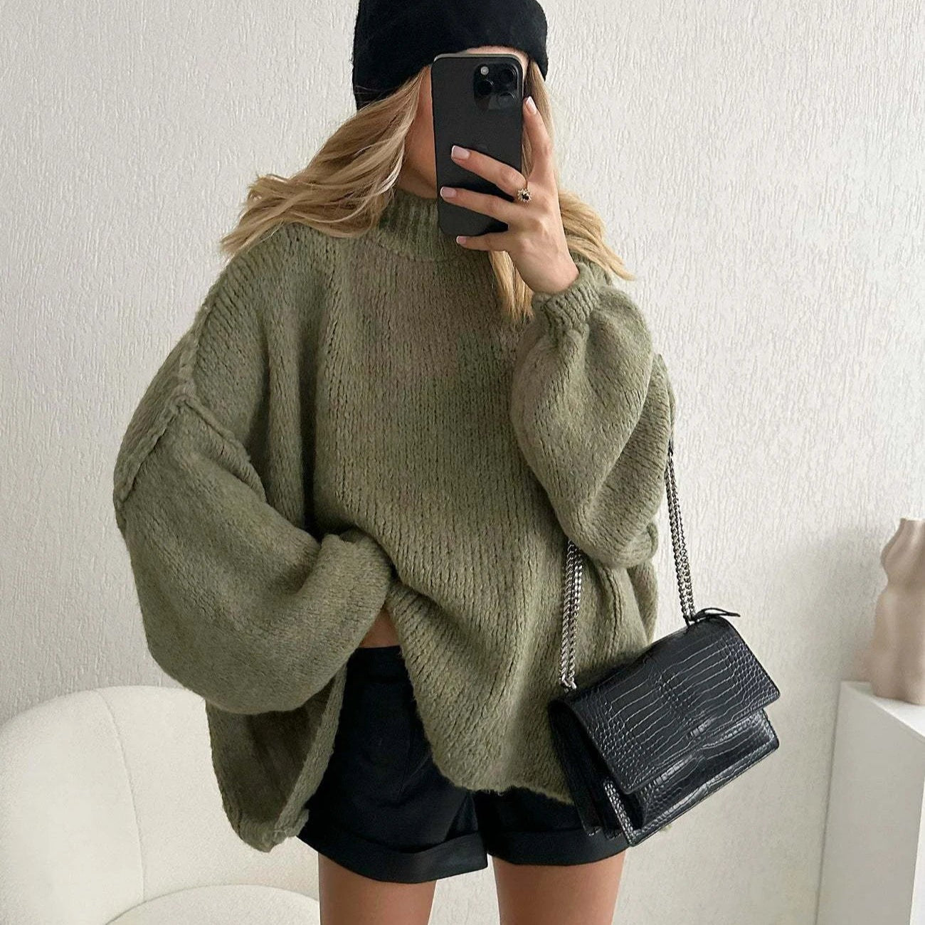 Women’s Knit Semi-Turtleneck Sweater – Loose Autumn Fit