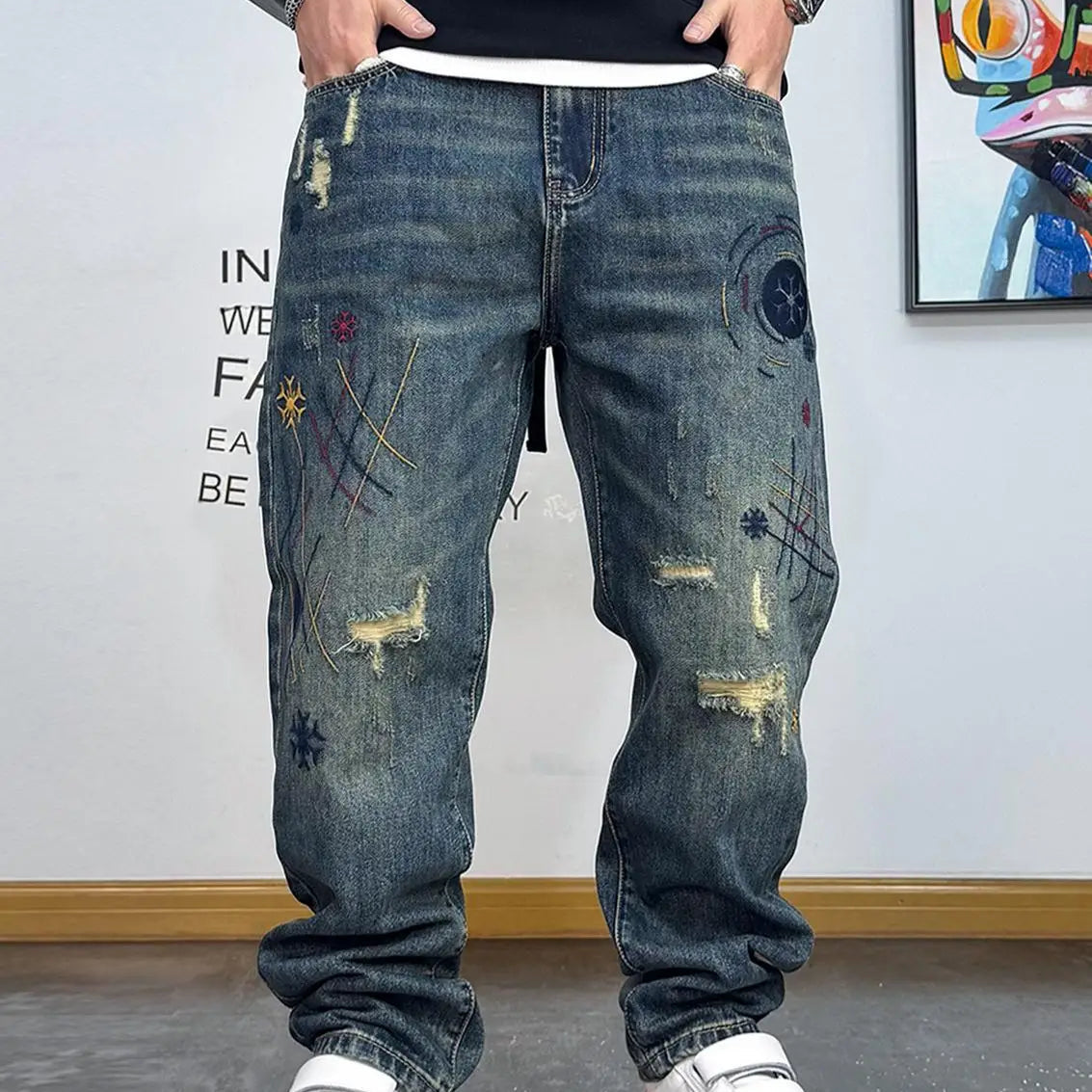 Men’s Distressed Tapered Jeans – Washed Vintage Streetwear