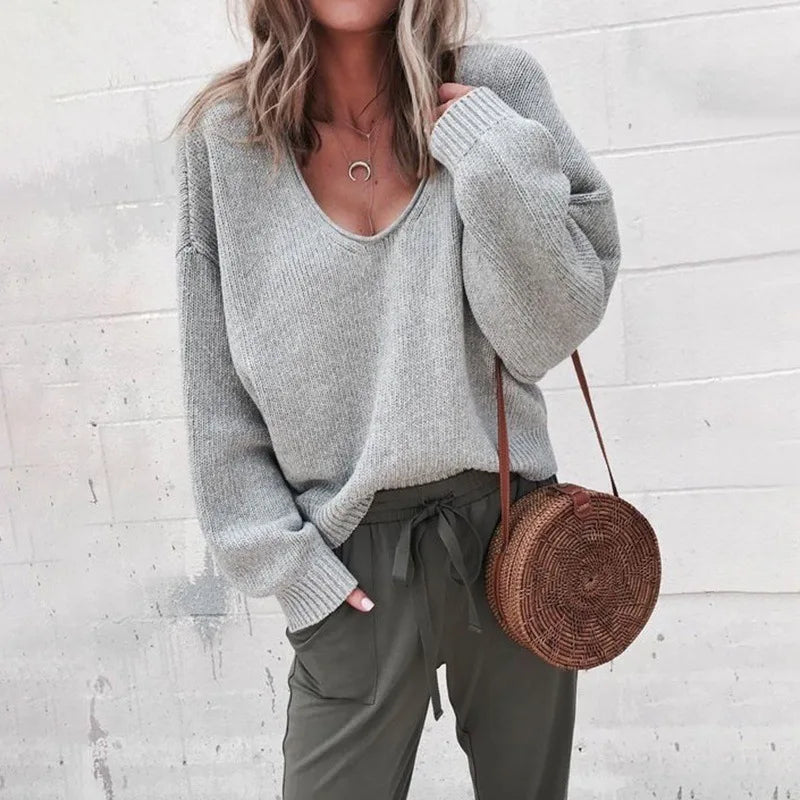 V-Neck Knit Sweater – Women’s Loose Fit Autumn Pullover