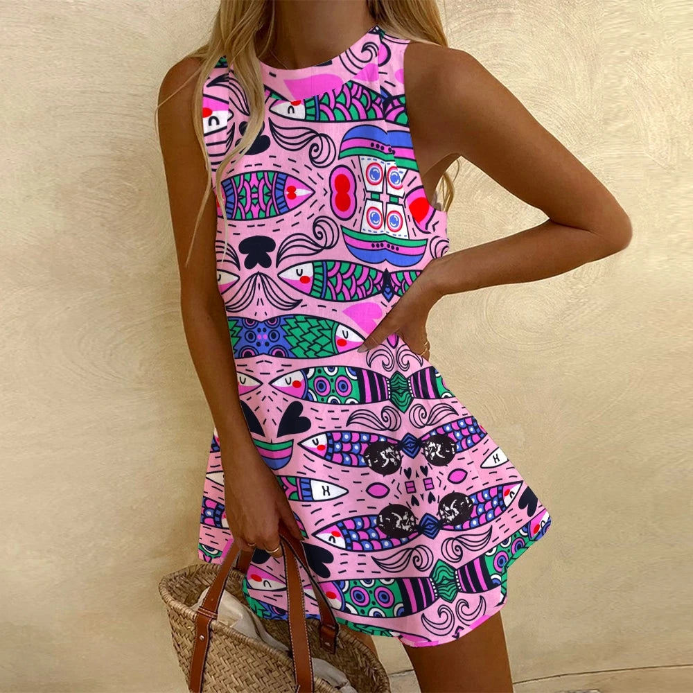 Sleeveless Sardine Print Dress – Pink Summer Beachwear