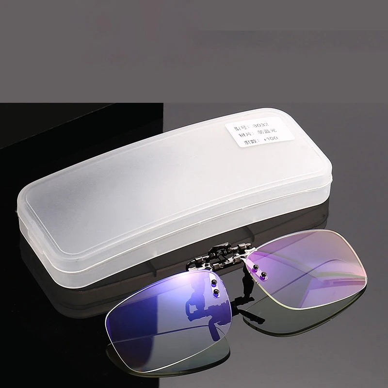 Clip on reading glasses with storage case and blue light filtering lenses