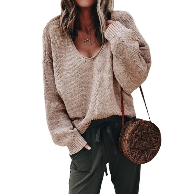V-Neck Knit Sweater – Women’s Loose Fit Autumn Pullover