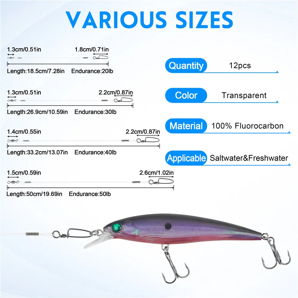 24PCS Fluorocarbon Leaders with Swivels for Clear Rig Setups
