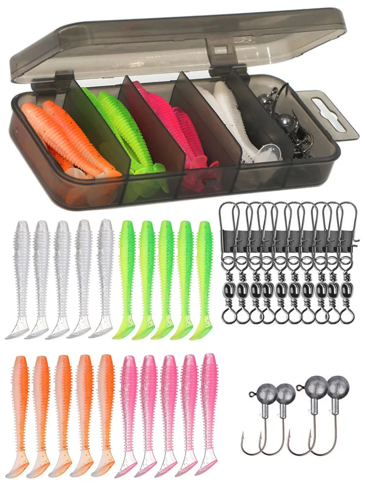 34PCS Soft Bait Fishing Kit with Jig Heads & Swivels Set