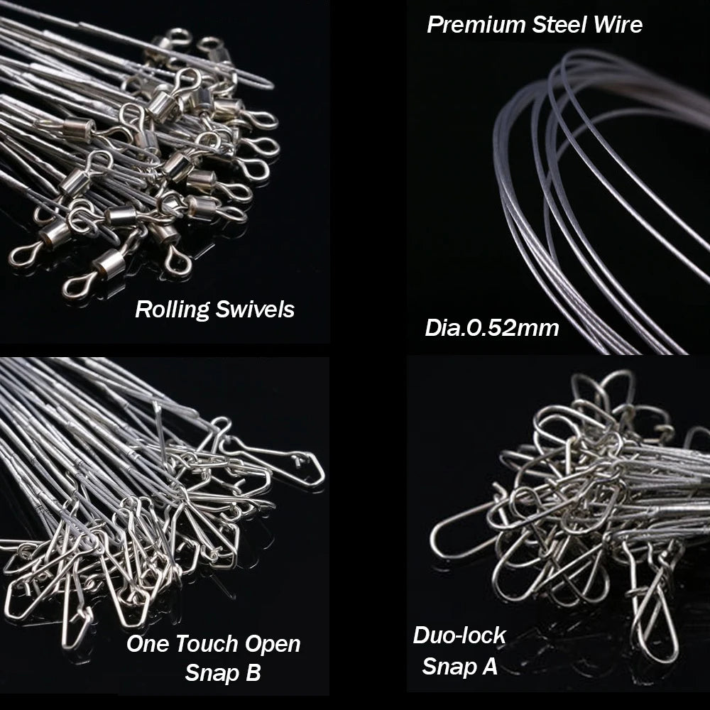 24PCS Anti-Bite Steel Wire Leaders with 15kg Swivel Snaps