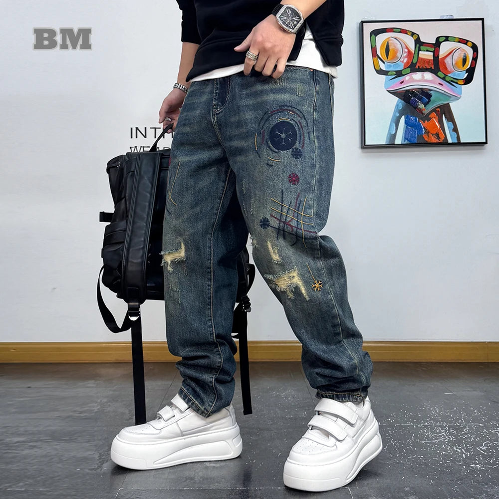 Men’s Distressed Tapered Jeans – Washed Vintage Streetwear