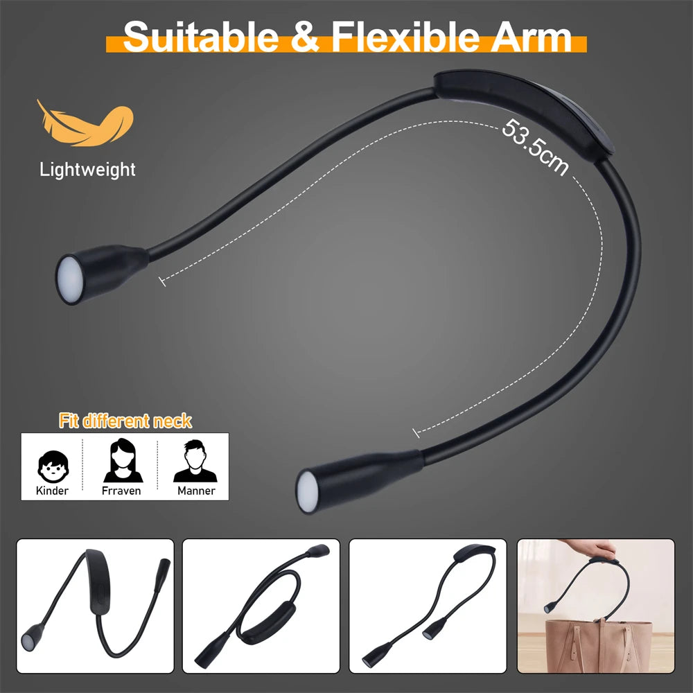 USB Neck Reading Light – 360° Arms, 3 Modes, Rechargeable