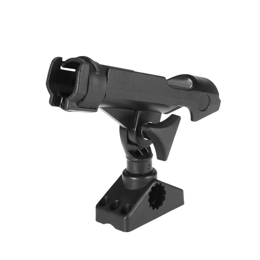 Adjustable 360-degree kayak fishing rod holder made from durable black polymer with locking base
