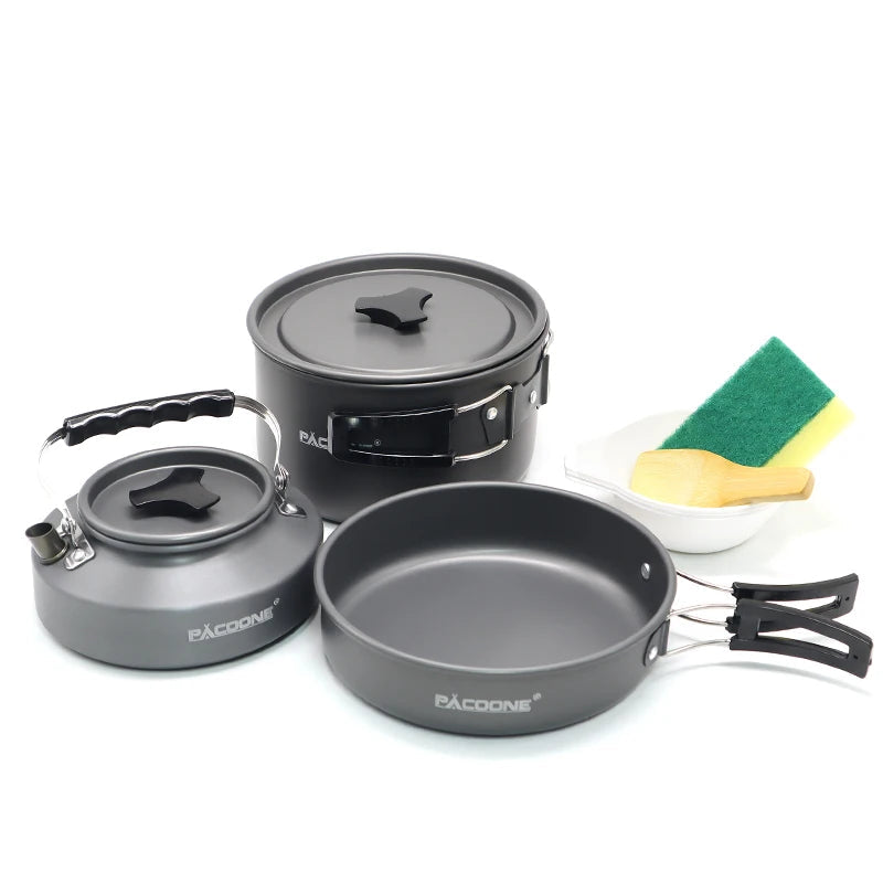 Three piece aluminium camping cookware set with pot and pan