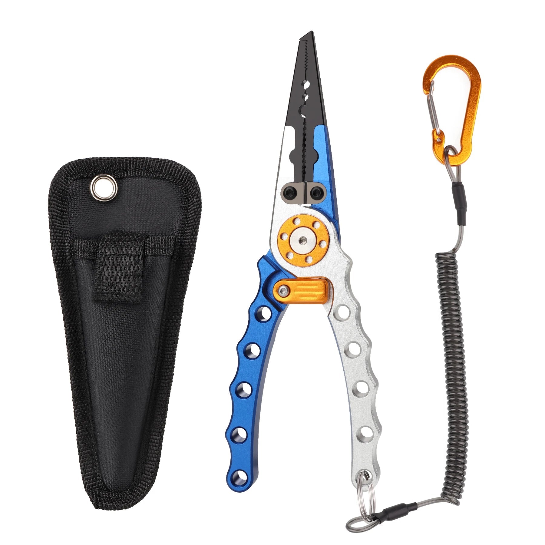 Aluminium fishing pliers with split ring tool braid cutters and sheath