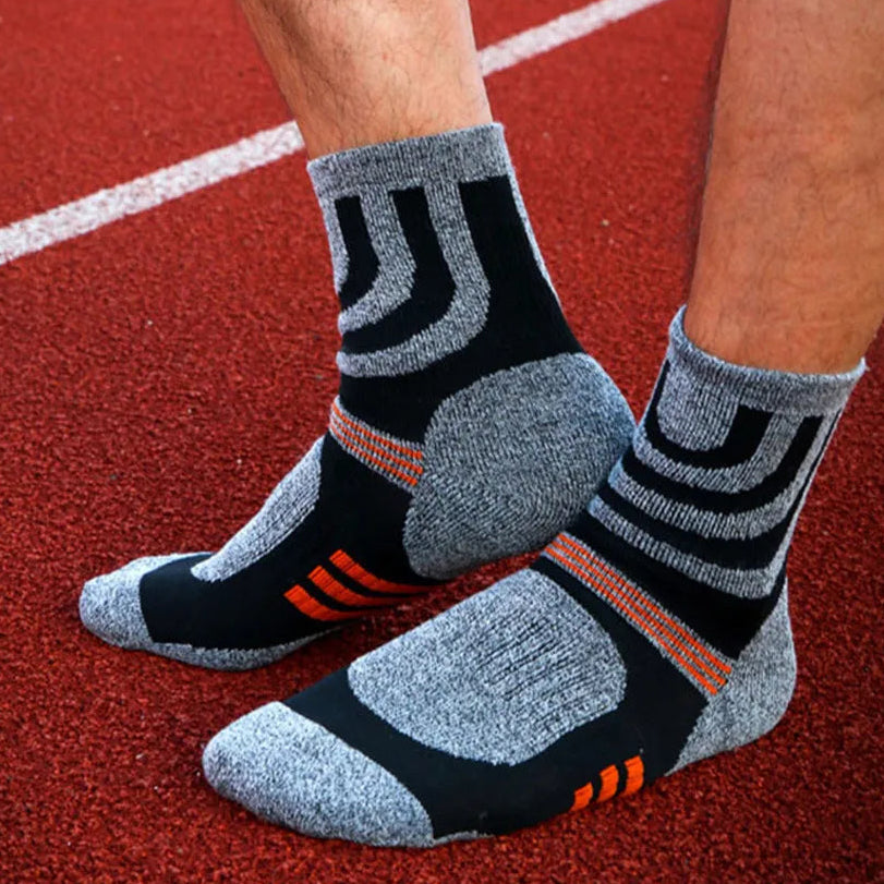 Grey and black anti blister hiking crew socks worn