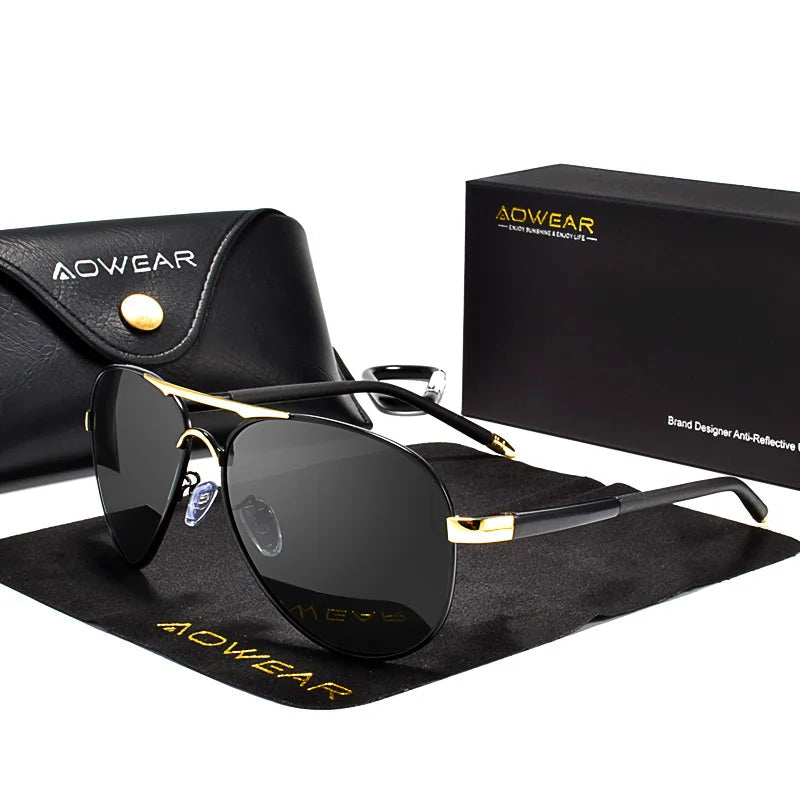 AOWEAR black and gold pilot sunglasses with polarised UV400 lenses, case, and gift box