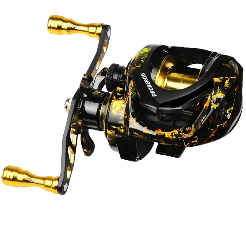 Gold and black baitcasting reel with 8kg max drag power and smooth precision handle