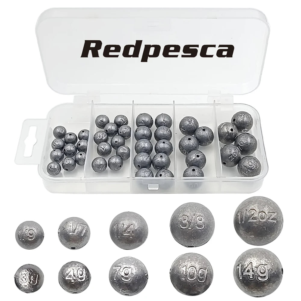 Ball sinker assortment kit in compartment tackle box with mixed sizes