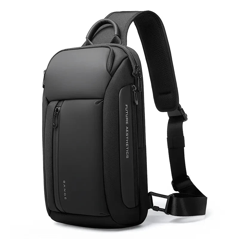 Side view of BANGE waterproof sling bag showing slim ergonomic design and secure front zip pocket