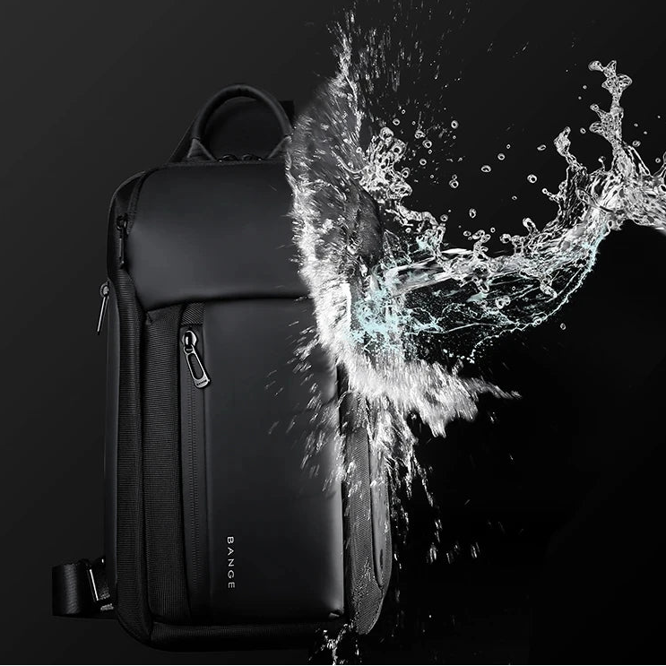 BANGE waterproof crossbody sling bag in black with splash protection design for outdoor and travel use