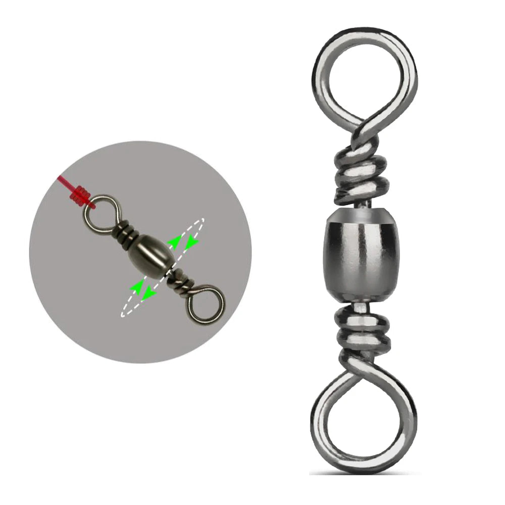Barrel rolling swivel with solid rings for reducing line twist