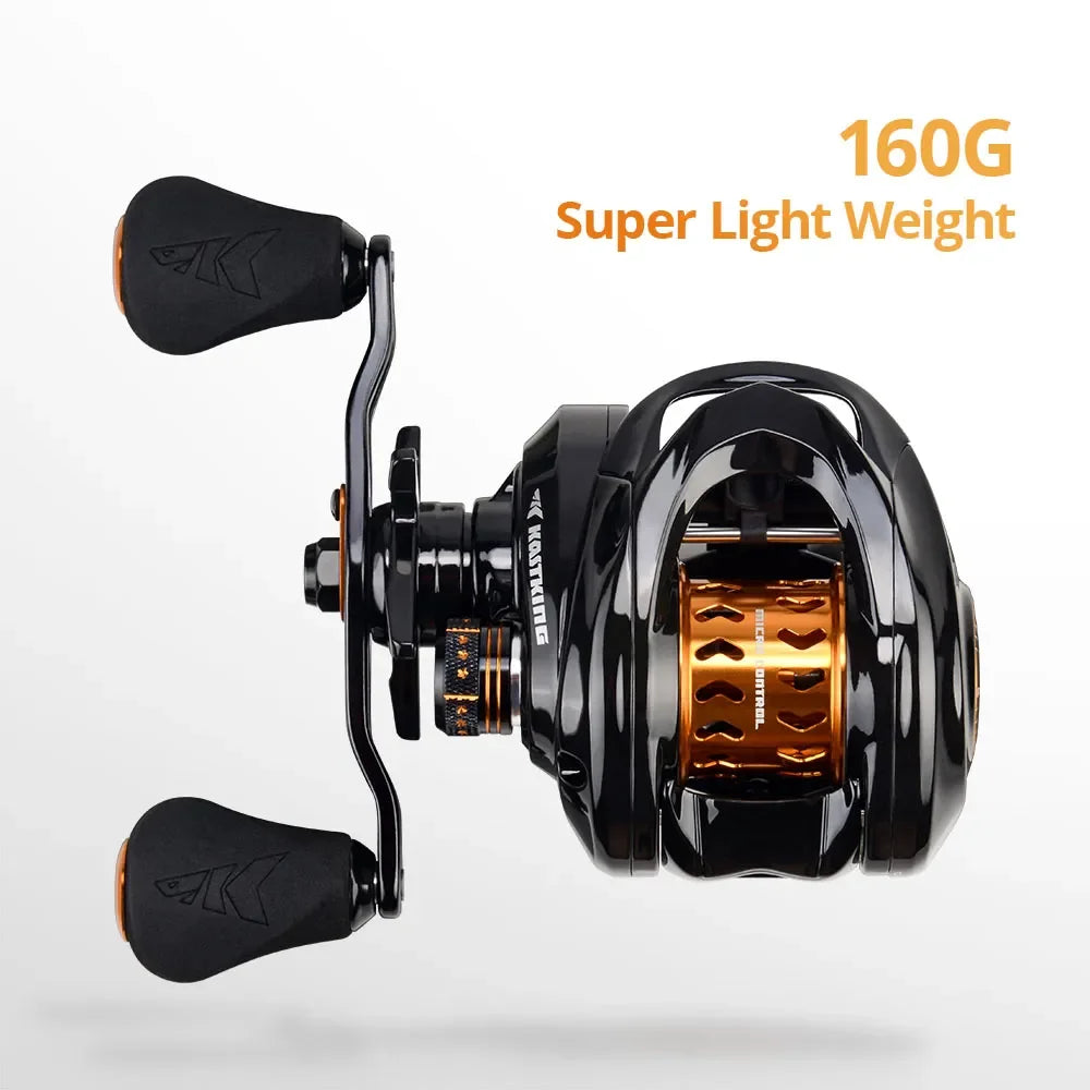 Ultralight 160 g BFS baitcasting reel featuring carbon side plates and ergonomic dual handle for smooth, effortless casting