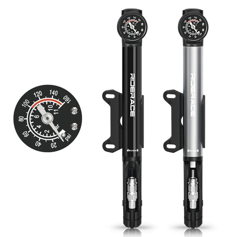 Bicycle hand tyre pump with built-in pressure gauge front and rear view