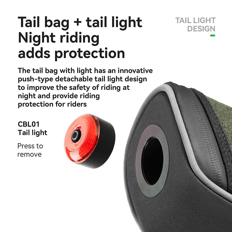 Bike saddle bag with rear light shown close-up highlighting light housing