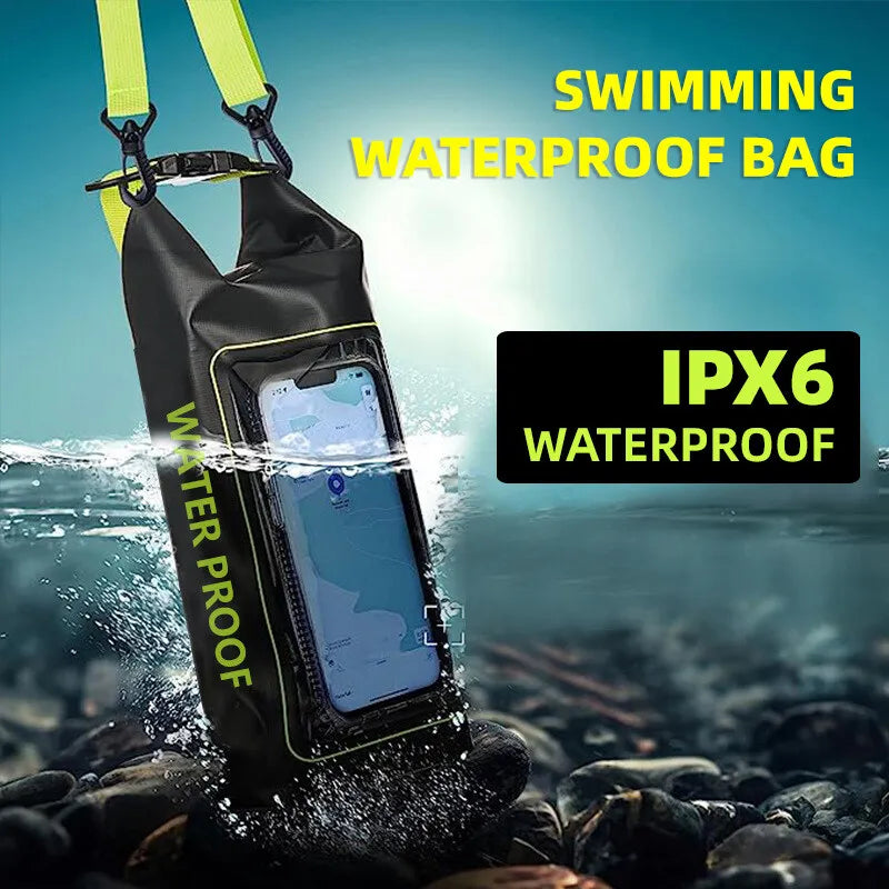 Black 2L waterproof dry bag with IPX6 protection used for swimming and beach activities